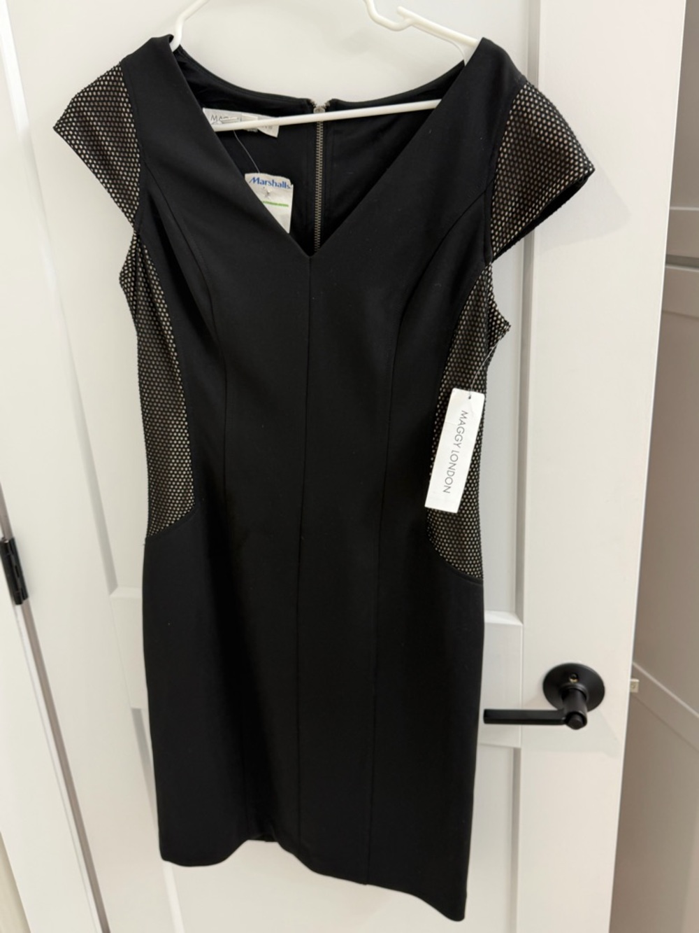 Maggy London Black Cap-Sleeve Sheath Dress with Mesh Insets